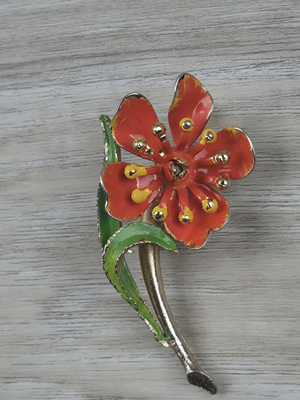 Vintage 1960s Enamel Flower Brooch Pin Red Yellow Stamen Green Stem Mod